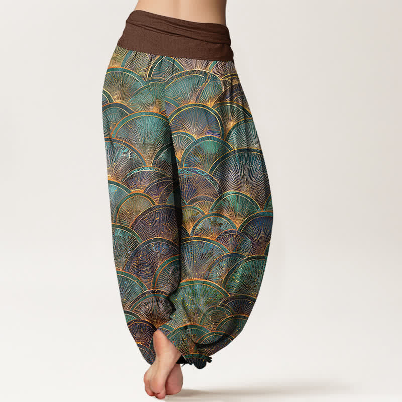 Buddha Stones Pure Cotton Turquoise Fan Pattern Women's Elastic Waist Harem Pants - image 6