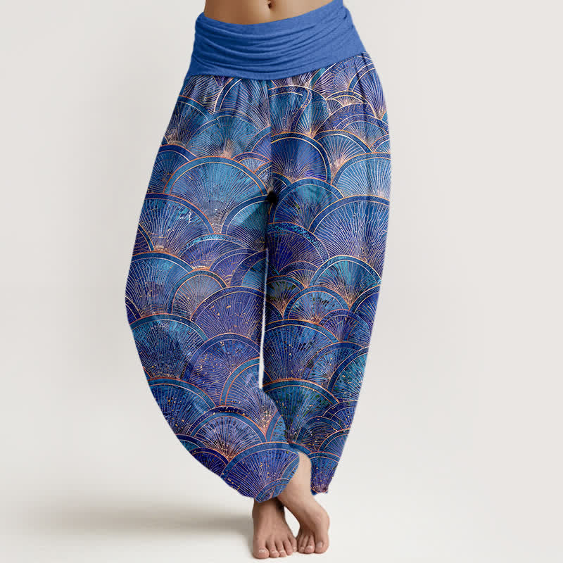 Buddha Stones Pure Cotton Turquoise Fan Pattern Women's Elastic Waist Harem Pants - RoyalBlue - US16，UK/AU20，EU48 (3XL) - image 8