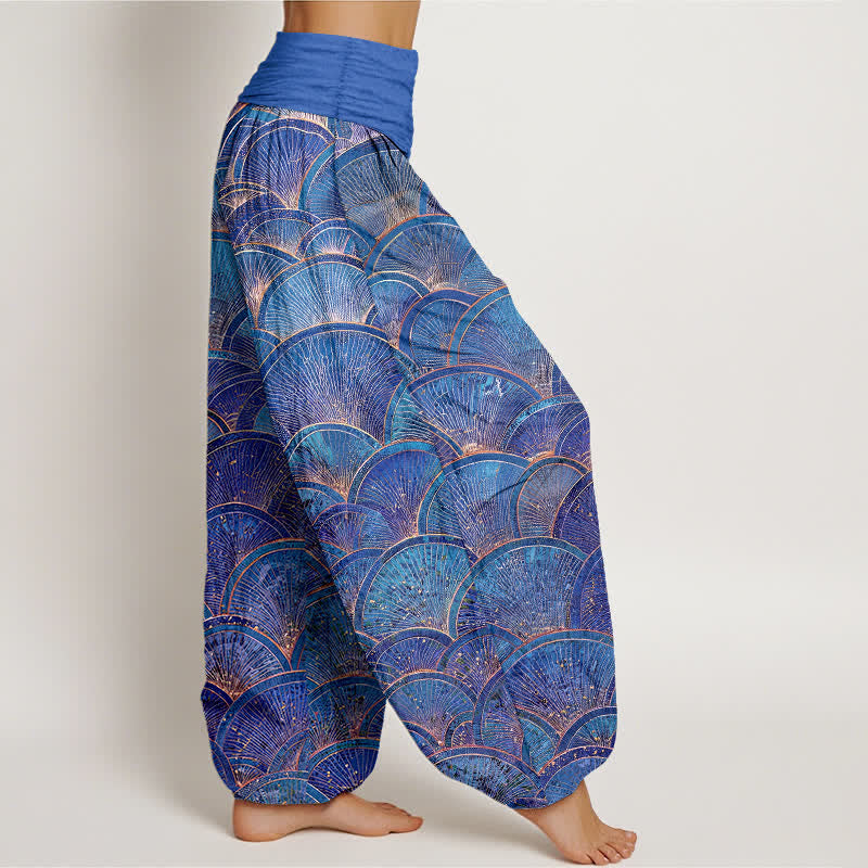 Buddha Stones Pure Cotton Turquoise Fan Pattern Women's Elastic Waist Harem Pants - image 10