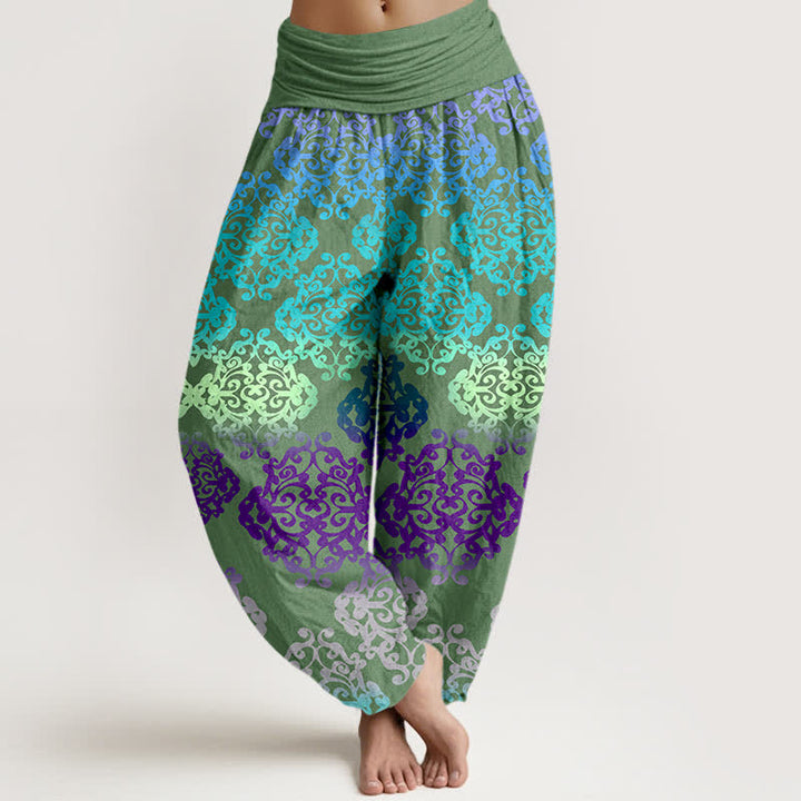 Buddha Stones Pure Cotton Baroque Gradient Floral Pattern Women's Elastic Waist Harem Pants - OliveDrab - US16，UK/AU20，EU48 (3XL) - image 8