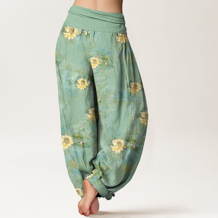 Buddha Stones Cotton Yellow Lotus Scatter Pattern Women's Elastic Waist Harem Pants - image 1