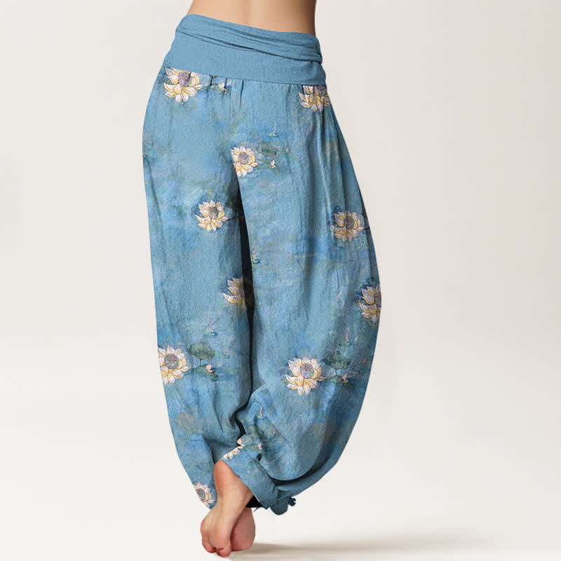 Buddha Stones Cotton Yellow Lotus Scatter Pattern Women's Elastic Waist Harem Pants - image 6