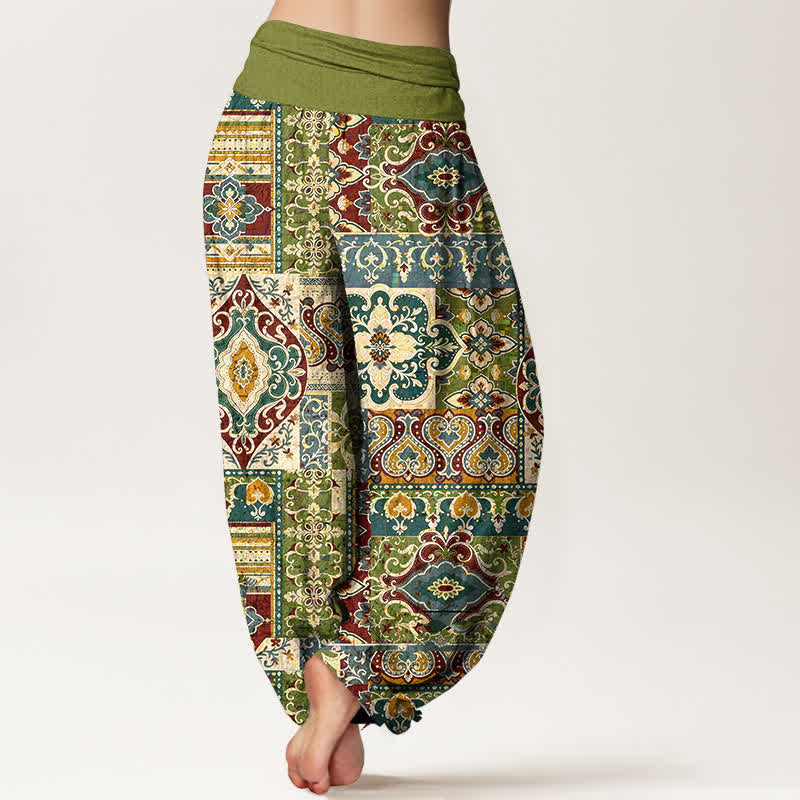 Buddha Stones Cotton Olive Mosaic Tile Pattern Women's Elastic Waist Harem Pants - image 1
