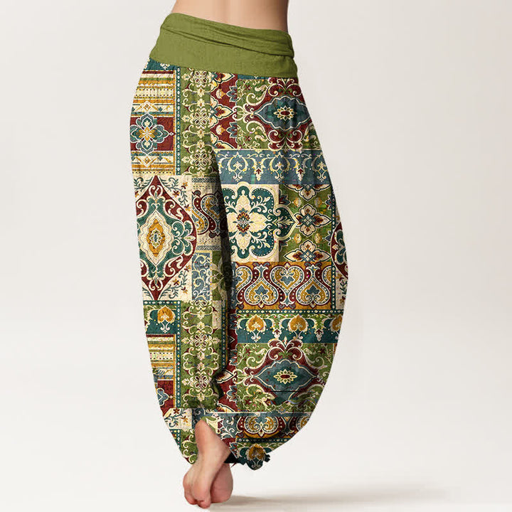 Buddha Stones Cotton Olive Mosaic Tile Pattern Women's Elastic Waist Harem Pants - image 1
