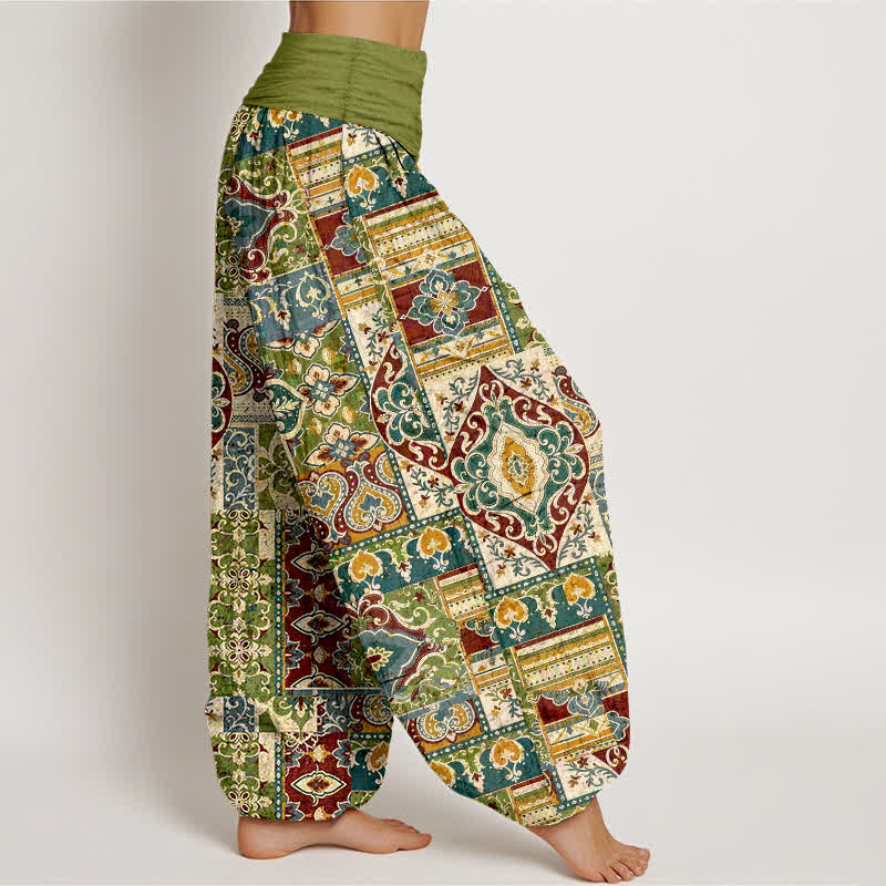 Buddha Stones Cotton Olive Mosaic Tile Pattern Women's Elastic Waist Harem Pants - image 2