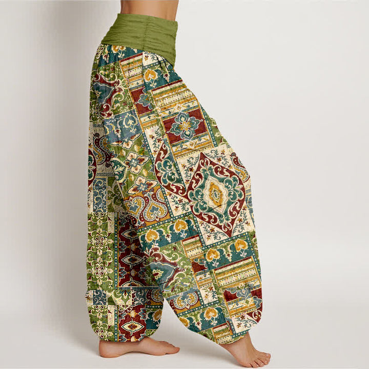 Buddha Stones Cotton Olive Mosaic Tile Pattern Women's Elastic Waist Harem Pants - image 2
