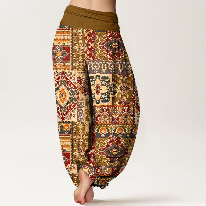 Buddha Stones Cotton Olive Mosaic Tile Pattern Women's Elastic Waist Harem Pants - image 6