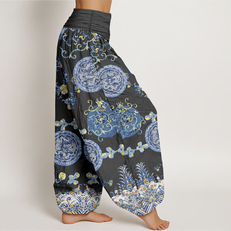 Buddha Stones Cotton Indigo Medallion Dragon Pattern Women's Elastic Waist Harem Pants - image 2