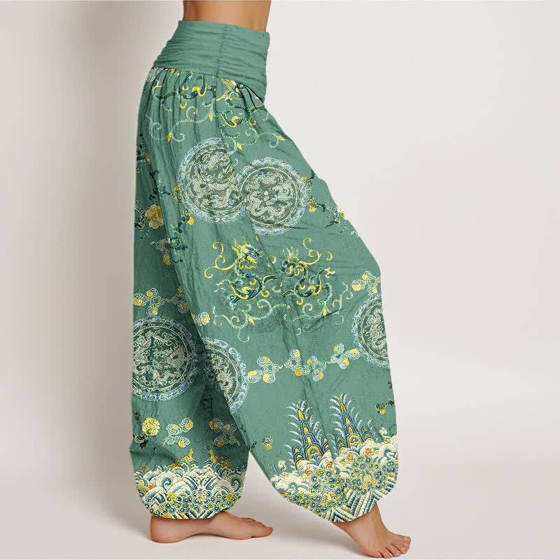 Buddha Stones Cotton Indigo Medallion Dragon Pattern Women's Elastic Waist Harem Pants - image 10