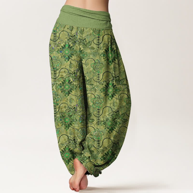 Buddha Stones Pure Cotton Olive Boho Floral Diamond Pattern Women's Elastic Waist Harem Pants - image 1