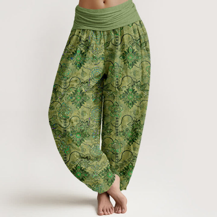 Buddha Stones Pure Cotton Olive Boho Floral Diamond Pattern Women's Elastic Waist Harem Pants - Olive - US16，UK/AU20，EU48 (3XL) - image 0