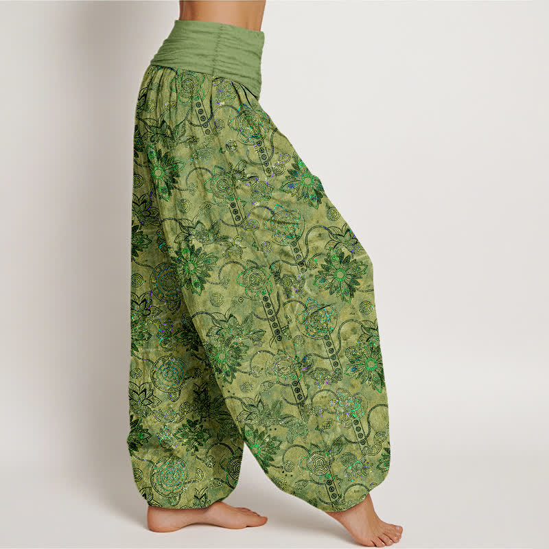 Buddha Stones Pure Cotton Olive Boho Floral Diamond Pattern Women's Elastic Waist Harem Pants - image 2