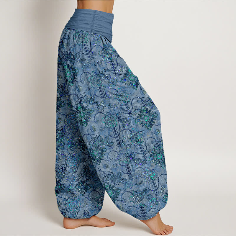 Buddha Stones Pure Cotton Olive Boho Floral Diamond Pattern Women's Elastic Waist Harem Pants - image 10