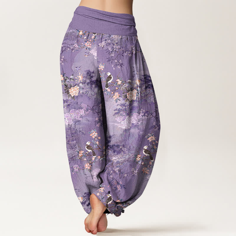 Buddha Stones Pure Cotton Floral Bird Pattern Women's Elastic Waist Harem Pants - image 1