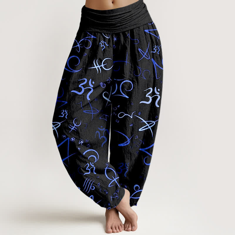 Buddha Stones Pure Cotton Blue OM Symbol Pattern Women's Elastic Waist Harem Pants - Black - US16，UK/AU20，EU48 (3XL) - image 0