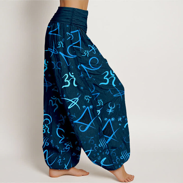 Buddha Stones Pure Cotton Blue OM Symbol Pattern Women's Elastic Waist Harem Pants - image 7