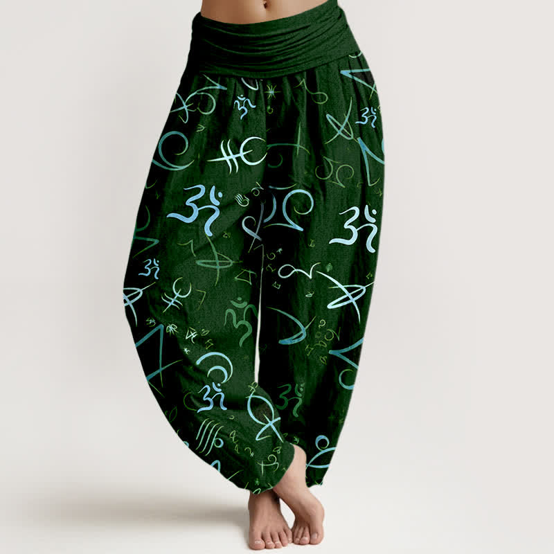 Buddha Stones Pure Cotton Blue OM Symbol Pattern Women's Elastic Waist Harem Pants - DarkGreen - US16，UK/AU20，EU48 (3XL) - image 8