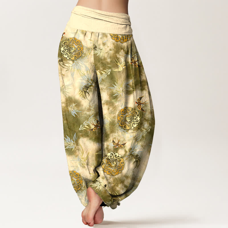 Buddha Stones Pure Cotton Cloud Medallion and Bird Pattern Women's Elastic Waist Harem Pants - image 1
