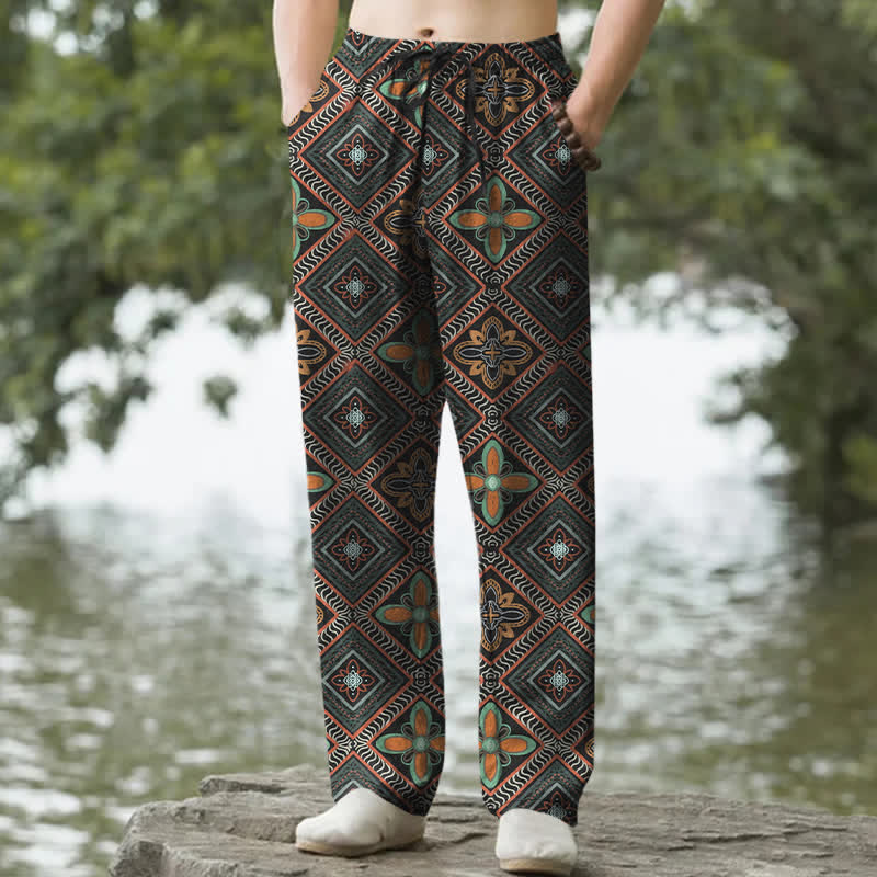 Buddha Stones Cotton Bohemian Diamond Floral Pattern Men's Tapered Pants With Pockets - Black - US/UK/AU50，EU60 (5XL) - image 0