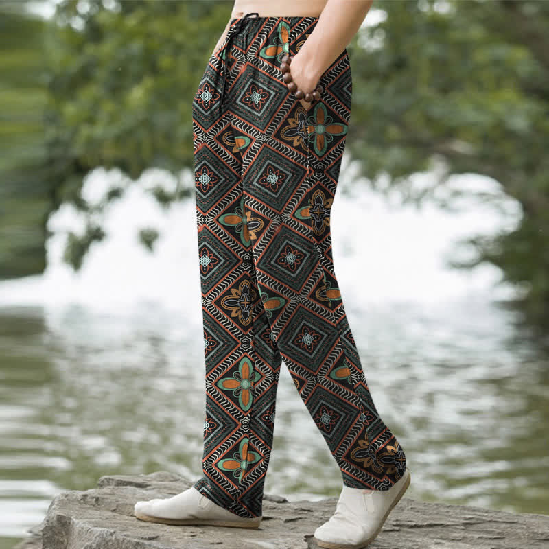 Buddha Stones Cotton Bohemian Diamond Floral Pattern Men's Tapered Pants With Pockets - image 1