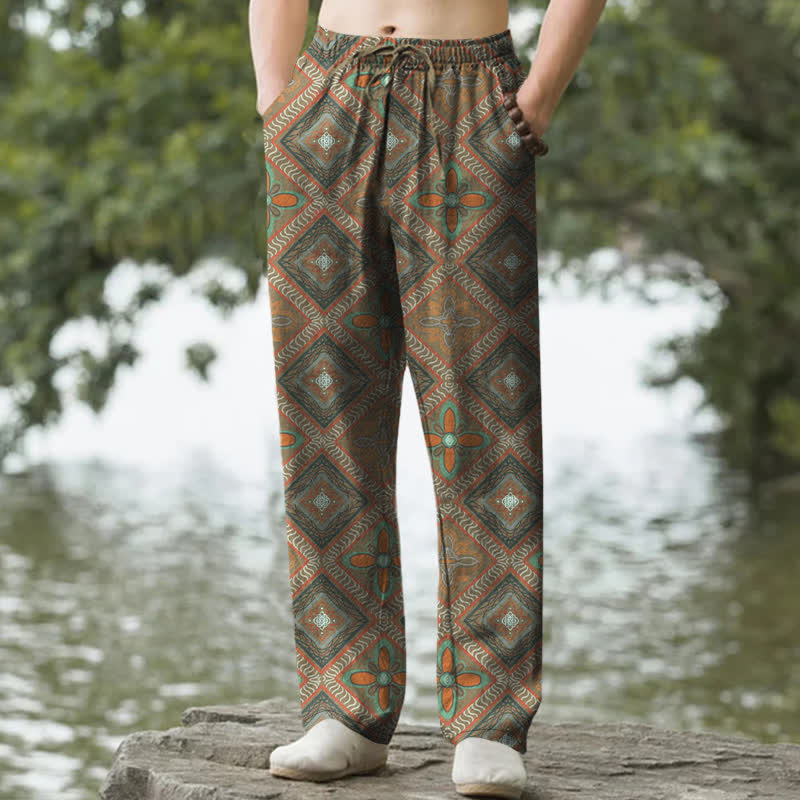 Buddha Stones Cotton Bohemian Diamond Floral Pattern Men's Tapered Pants With Pockets - OliveDrab - US/UK/AU50，EU60 (5XL) - image 4
