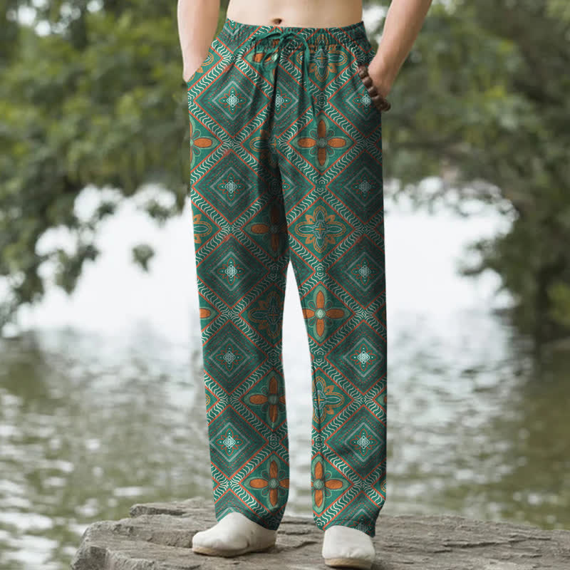 Buddha Stones Cotton Bohemian Diamond Floral Pattern Men's Tapered Pants With Pockets - SeaGreen - US/UK/AU50，EU60 (5XL) - image 6