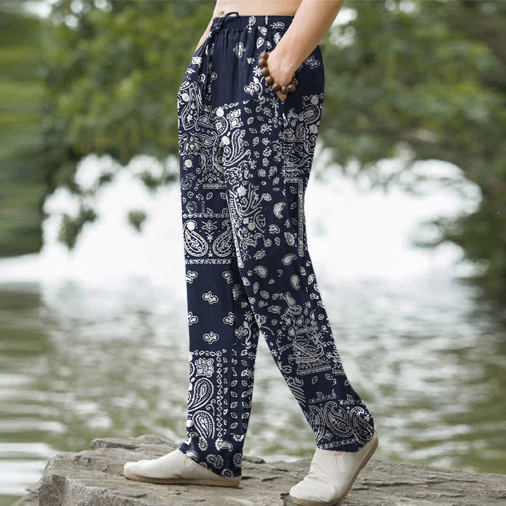 Buddha Stones Cotton Black White Paisley Patchwork Pattern Men's Tapered Pants With Pockets - image 5