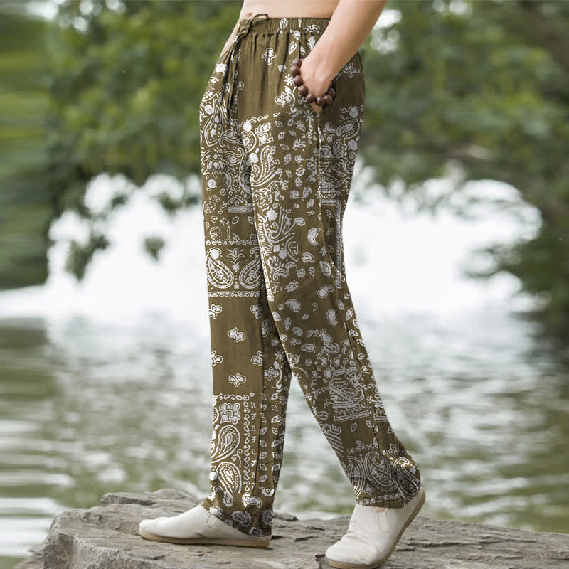 Buddha Stones Cotton Black White Paisley Patchwork Pattern Men's Tapered Pants With Pockets - image 7