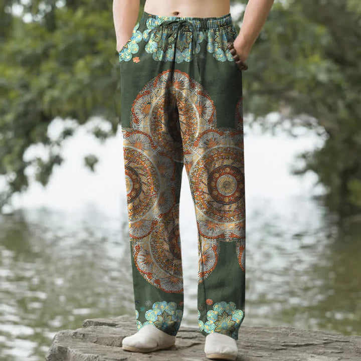 Buddha Stones Pure Cotton Mandala Floral Pattern Men's Tapered Pants With Pockets - DarkGreen - US/UK/AU50，EU60 (5XL) - image 4