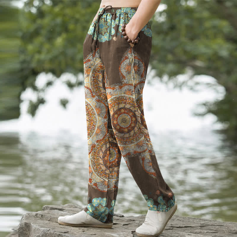 Buddha Stones Pure Cotton Mandala Floral Pattern Men's Tapered Pants With Pockets - image 7