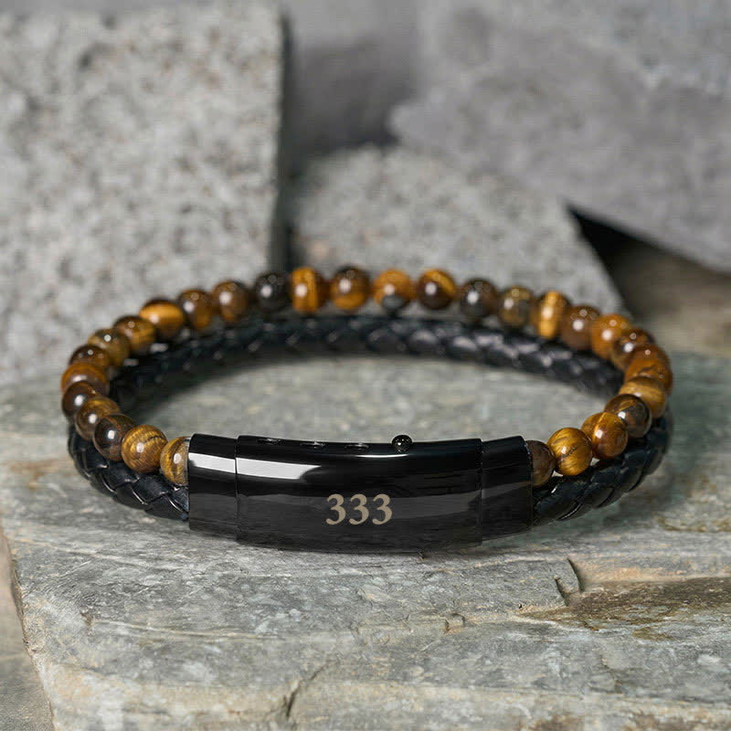 Buddha Stones Tiger Eye Angel Numbers Double Wrap Leather Faith Bracelet - Tiger Eye(Wrist Circumference: 18-19cm) - 333 - image 15