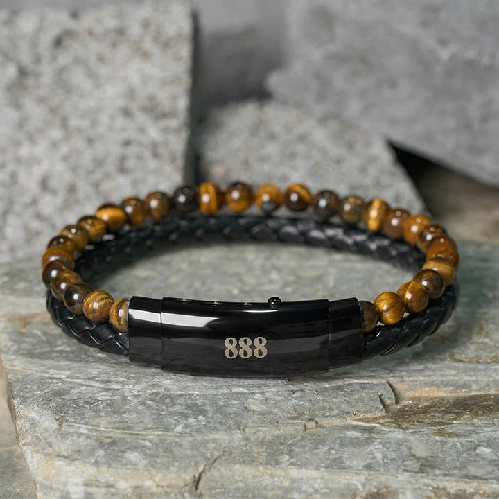 Buddha Stones Tiger Eye Angel Numbers Double Wrap Leather Faith Bracelet - Tiger Eye(Wrist Circumference: 18-19cm) - 888 - image 0