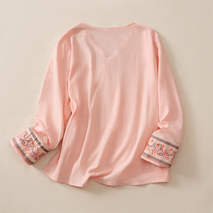 Buddha Stones Casual Embroidered Flowers Slant Collar Strap Long Sleeve Women's Shirt - image 8