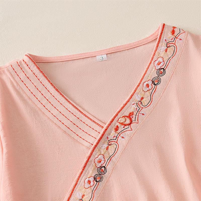 Buddha Stones Casual Embroidered Flowers Slant Collar Strap Long Sleeve Women's Shirt - image 11