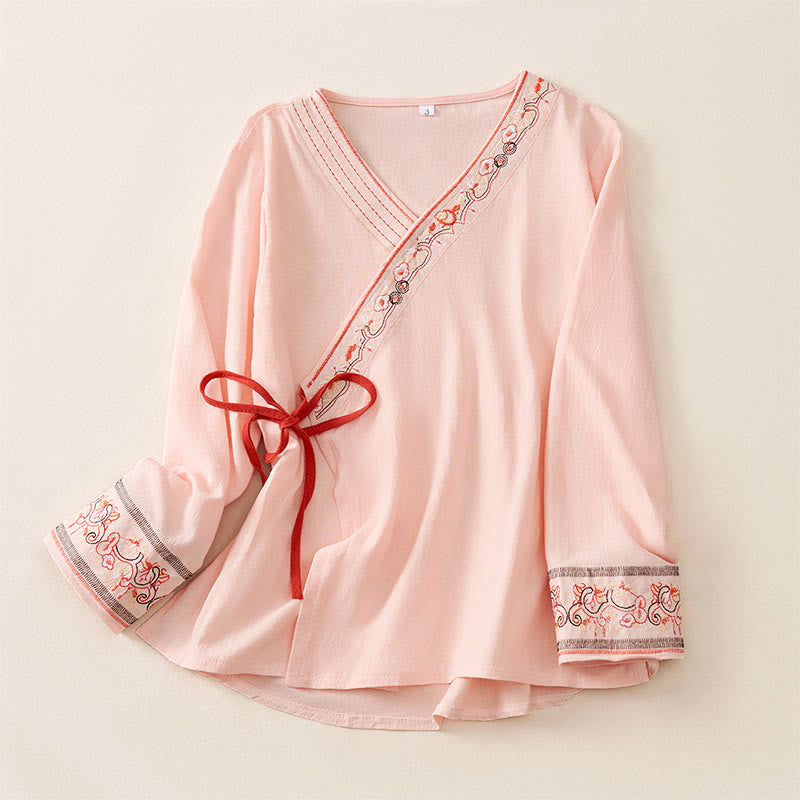 Buddha Stones Casual Embroidered Flowers Slant Collar Strap Long Sleeve Women's Shirt - Pink - US8-10，UK/AU12-14，EU40-42 (3XL) - image 7