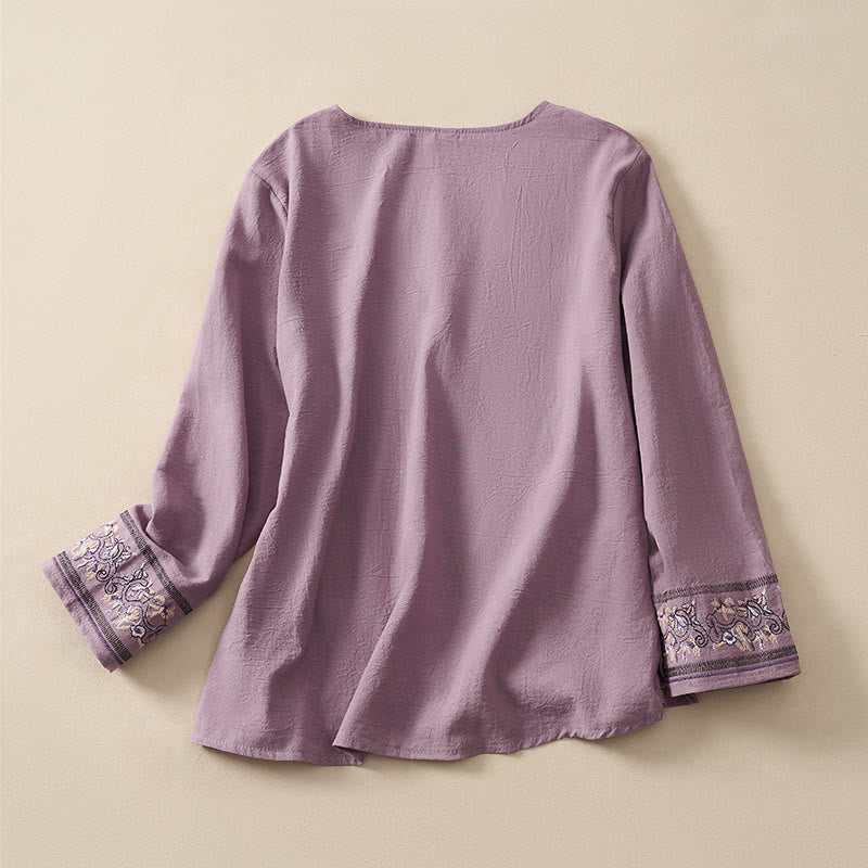 Buddha Stones Casual Embroidered Flowers Slant Collar Strap Long Sleeve Women's Shirt - image 18