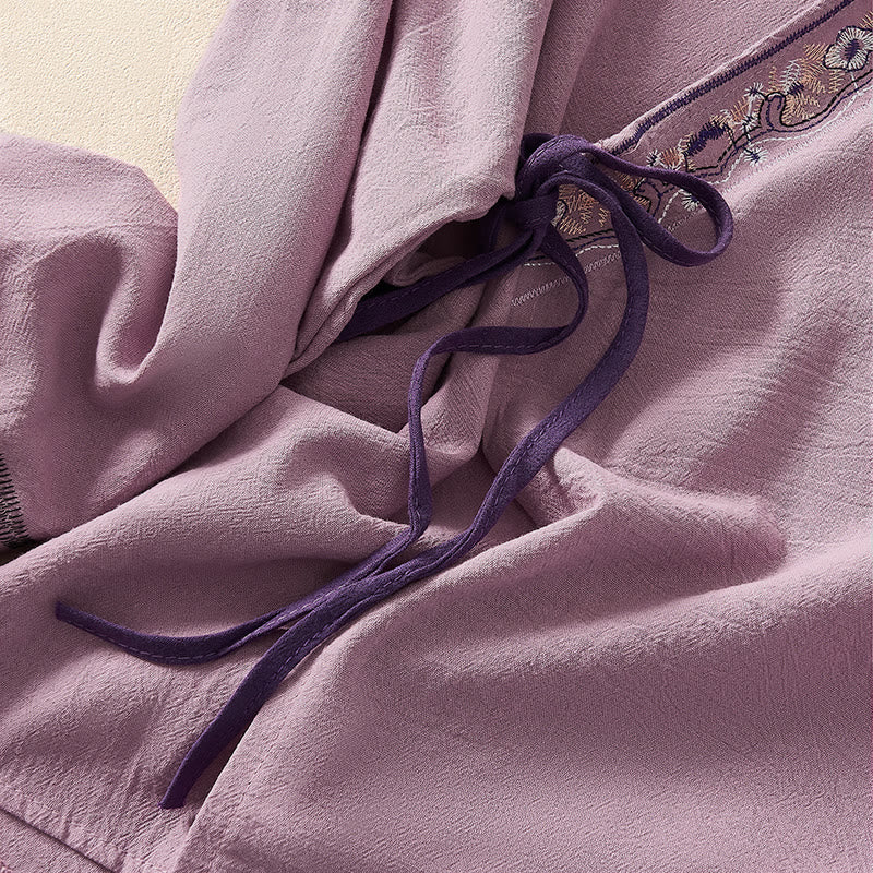 Buddha Stones Casual Embroidered Flowers Slant Collar Strap Long Sleeve Women's Shirt - image 14