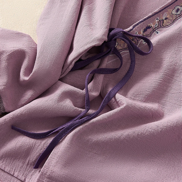 Buddha Stones Casual Embroidered Flowers Slant Collar Strap Long Sleeve Women's Shirt - image 14