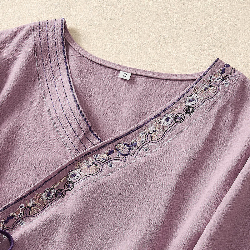 Buddha Stones Casual Embroidered Flowers Slant Collar Strap Long Sleeve Women's Shirt - image 16