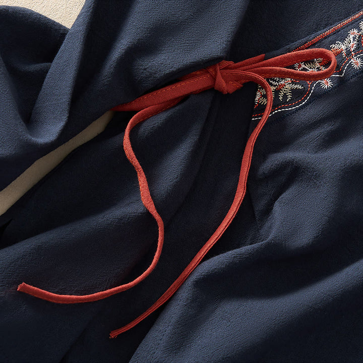 Buddha Stones Casual Embroidered Flowers Slant Collar Strap Long Sleeve Women's Shirt - image 21