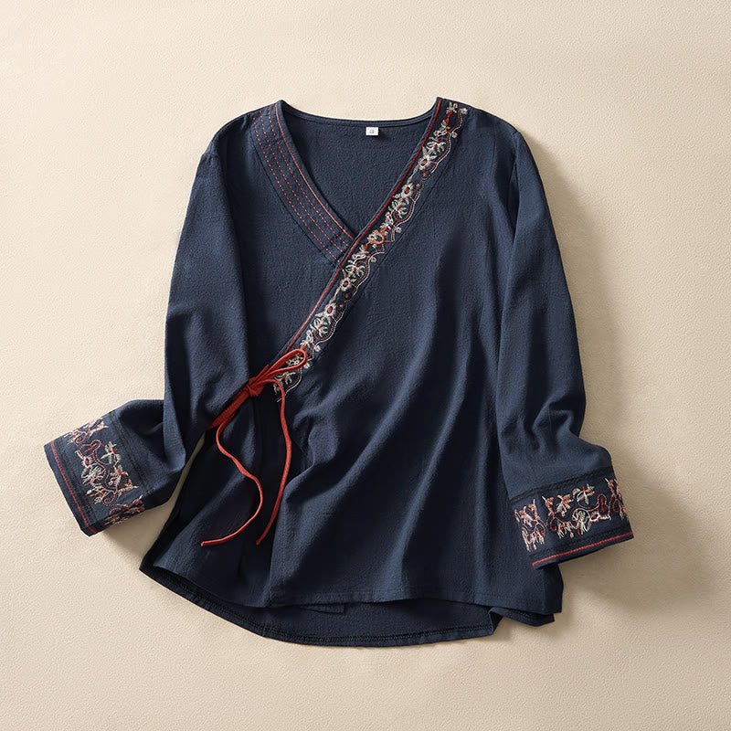 Buddha Stones Casual Embroidered Flowers Slant Collar Strap Long Sleeve Women's Shirt - Navy - US8-10，UK/AU12-14，EU40-42 (3XL) - image 19