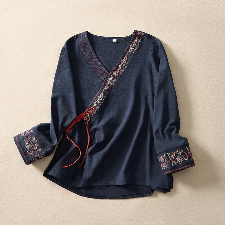 Buddha Stones Casual Embroidered Flowers Slant Collar Strap Long Sleeve Women's Shirt - Navy - US8-10，UK/AU12-14，EU40-42 (3XL) - image 19
