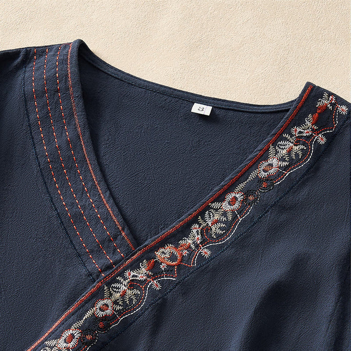 Buddha Stones Casual Embroidered Flowers Slant Collar Strap Long Sleeve Women's Shirt - image 20