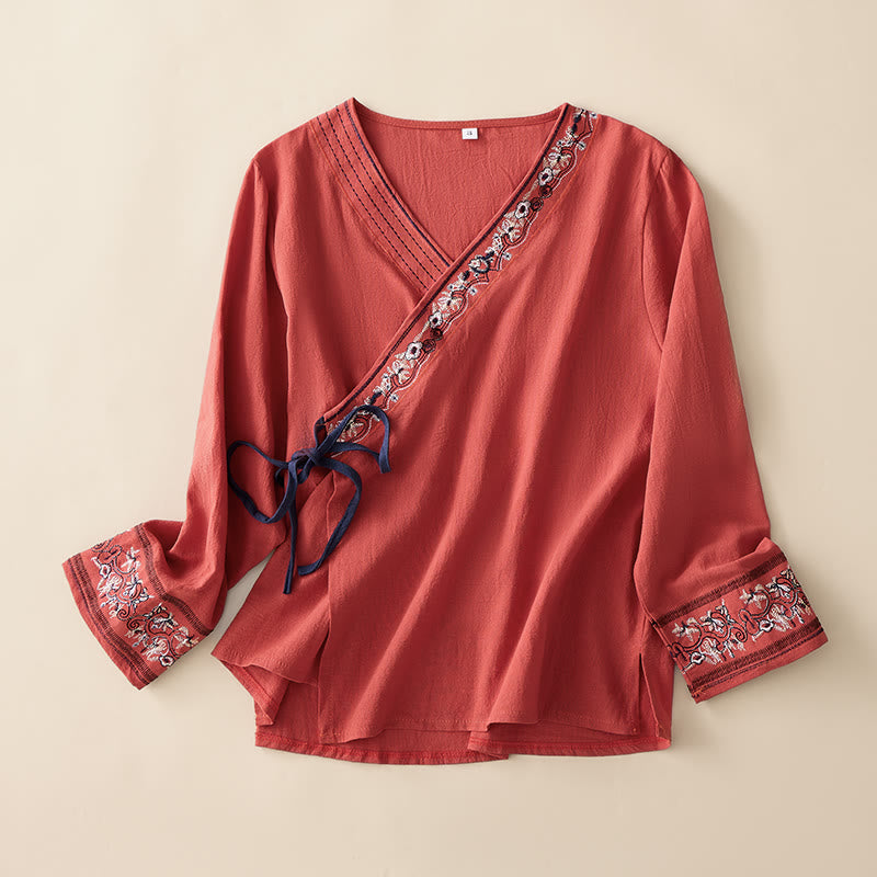 Buddha Stones Casual Embroidered Flowers Slant Collar Strap Long Sleeve Women's Shirt - FireBrick - US8-10，UK/AU12-14，EU40-42 (3XL) - image 0