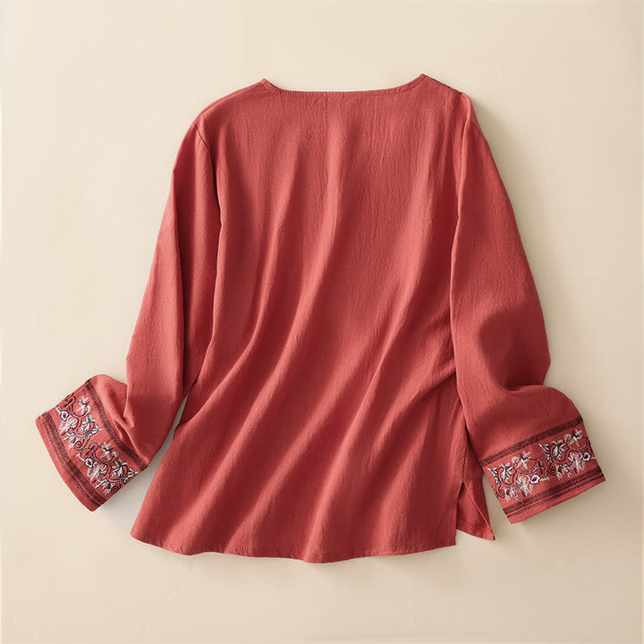 Buddha Stones Casual Embroidered Flowers Slant Collar Strap Long Sleeve Women's Shirt - image 6