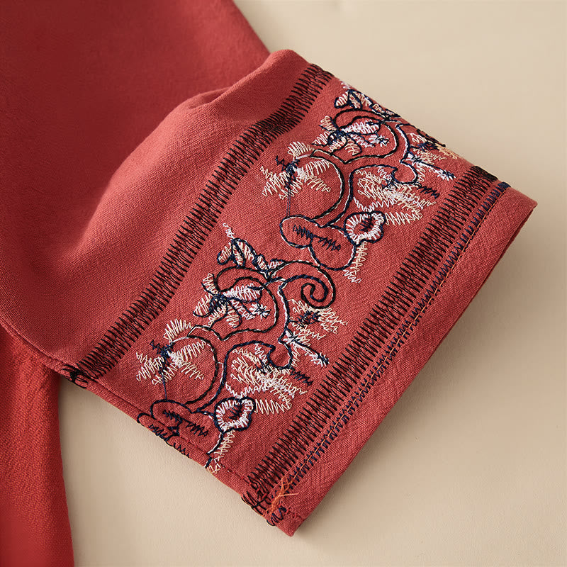 Buddha Stones Casual Embroidered Flowers Slant Collar Strap Long Sleeve Women's Shirt - image 3