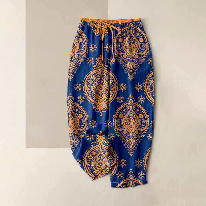 Buddha Stones Pure Cotton Floral Pattern Women's Elastic Waist Pants With Pockets - RoyalBlue - US16，UK/AU20，EU48 (3XL) - image 0