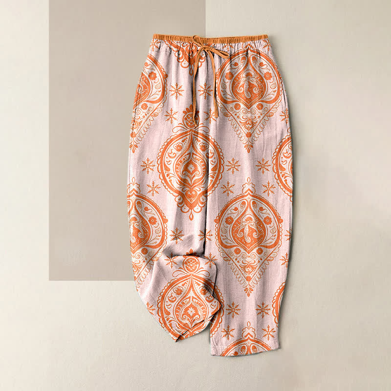 Buddha Stones Pure Cotton Floral Pattern Women's Elastic Waist Pants With Pockets - MistyRose - US16，UK/AU20，EU48 (3XL) - image 3
