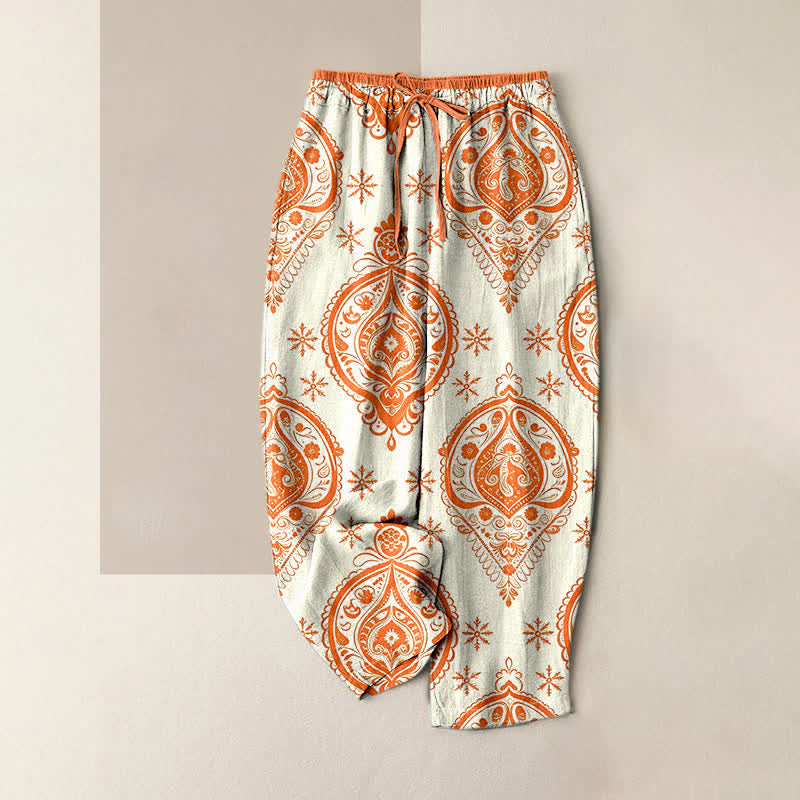 Buddha Stones Pure Cotton Floral Pattern Women's Elastic Waist Pants With Pockets - Ivory - US16，UK/AU20，EU48 (3XL) - image 4