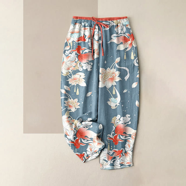 Buddha Stones Pure Cotton Lotus Red Koi Fish Pattern Women's Elastic Waist Pants With Pockets - LightBlue - US16，UK/AU20，EU48 (3XL) - image 3